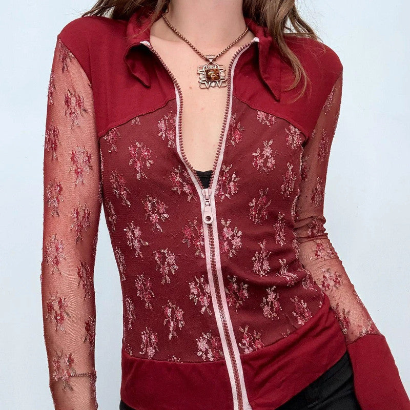 red lace sheer embroidered shirt