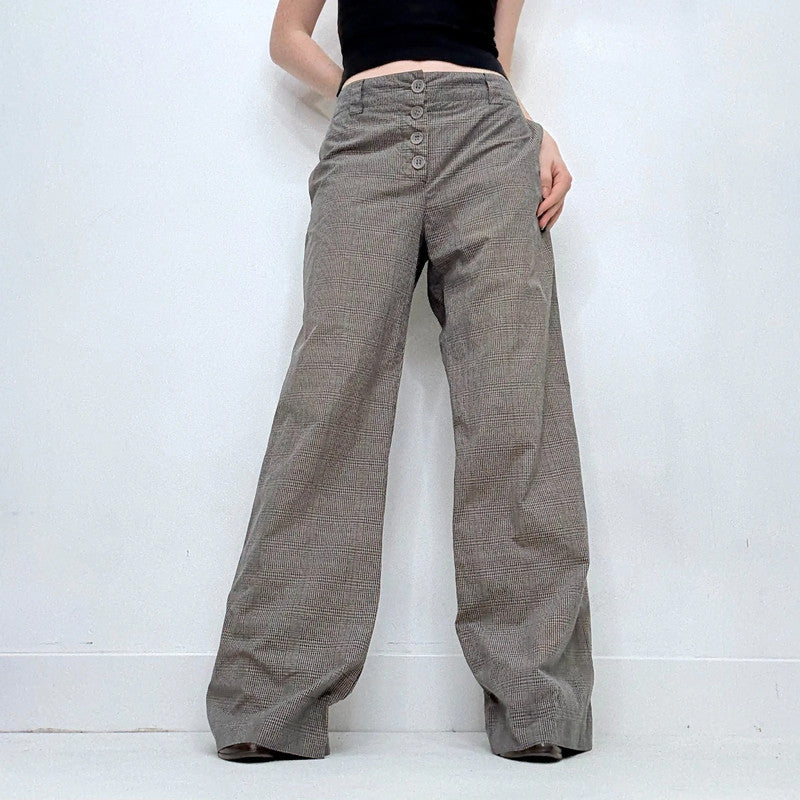 grey wide leg checked tartan trousers