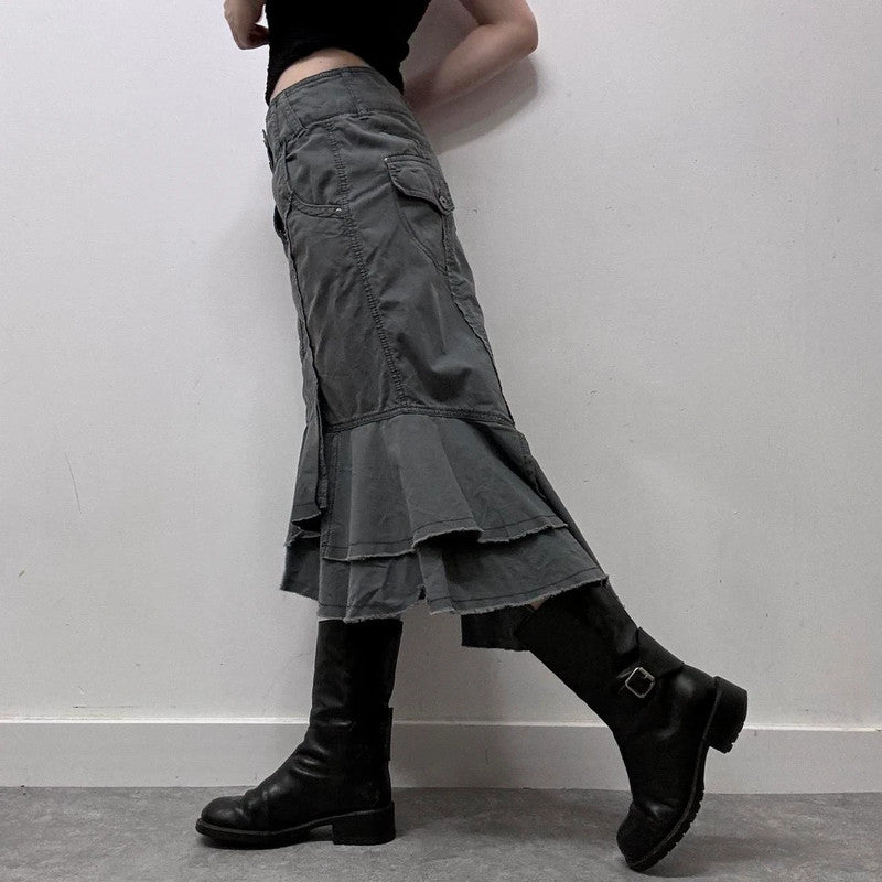 khaki denim asymmetric ruffle skirt