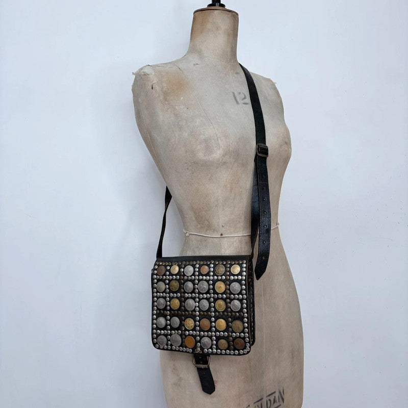 black leather studded coin bag