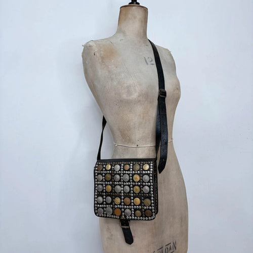 black leather studded coin bag
