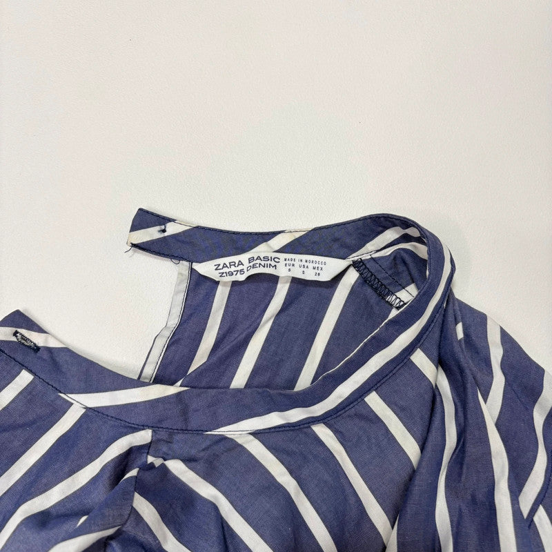 Navy striped balloon puff sleeve shirt
