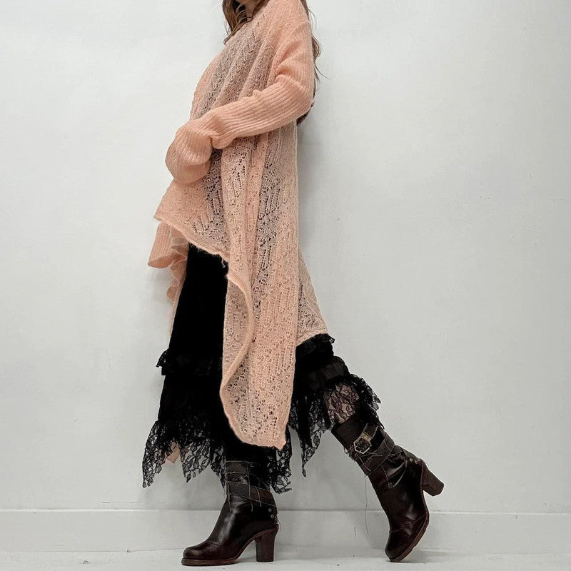 sheer pink mohair long knit cardi