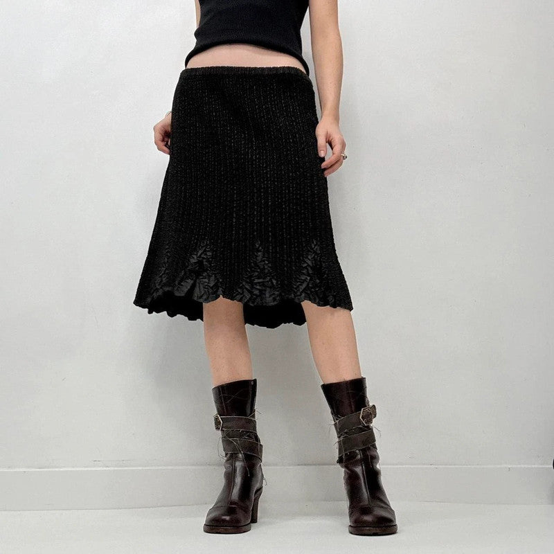 black crinkle plisse midi skirt