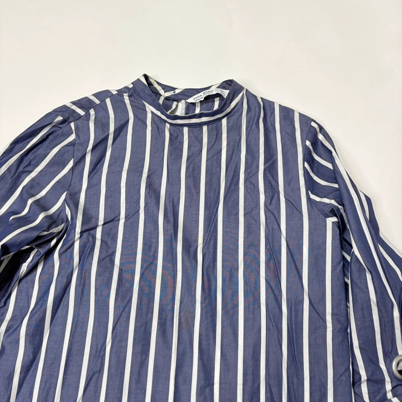 Navy striped balloon puff sleeve shirt