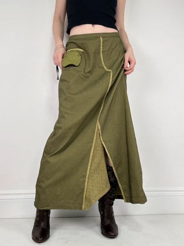 asymmetric khaki maxi skirt