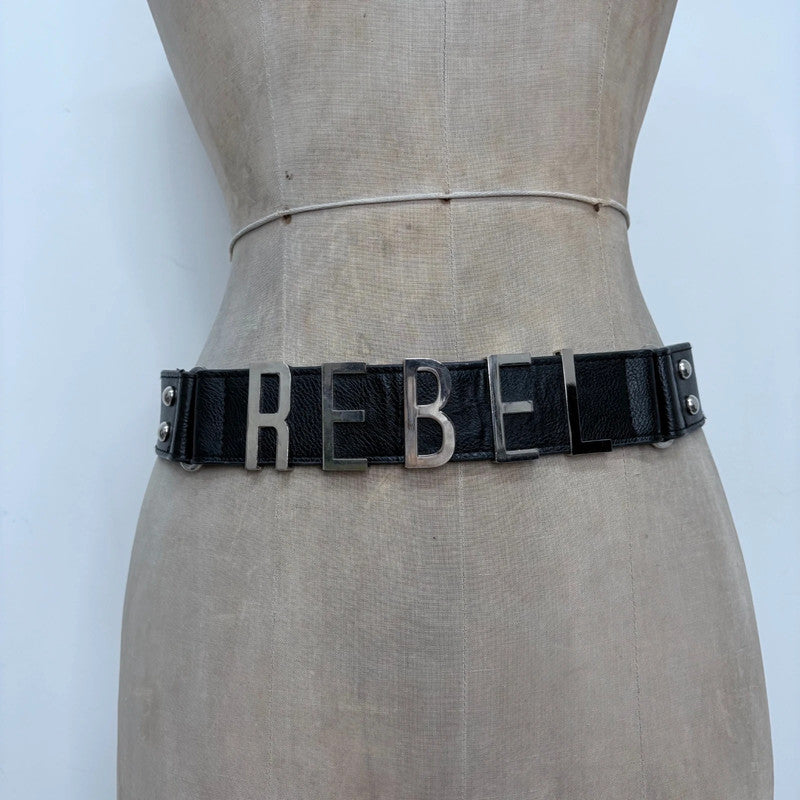 black faux leather silver spellout belt