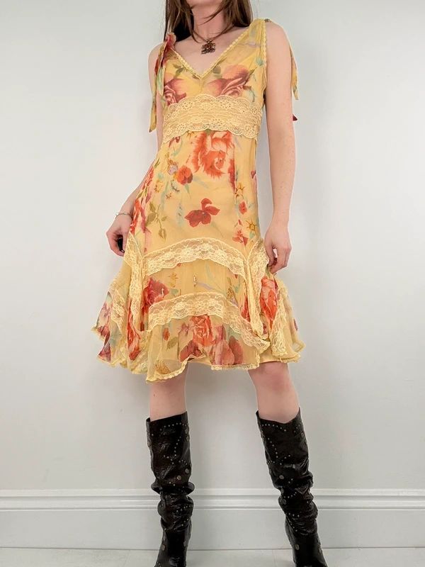 Butter yellow summer dress layered floral watercolour