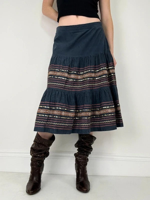 boho cord flared embroidered tiered sequin midi skirt
