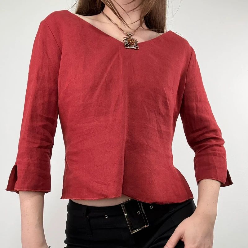 red linen flared fitted slit blouse top