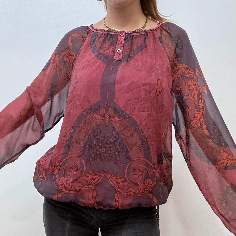 sheer red paisley boho shirt
