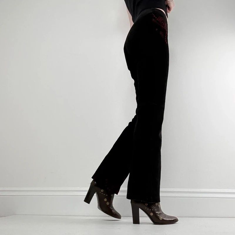 black suede embroidery flared trousers
