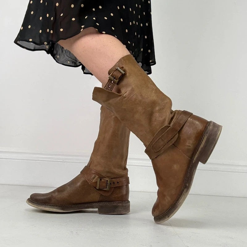 Tan leather buckle biker boots