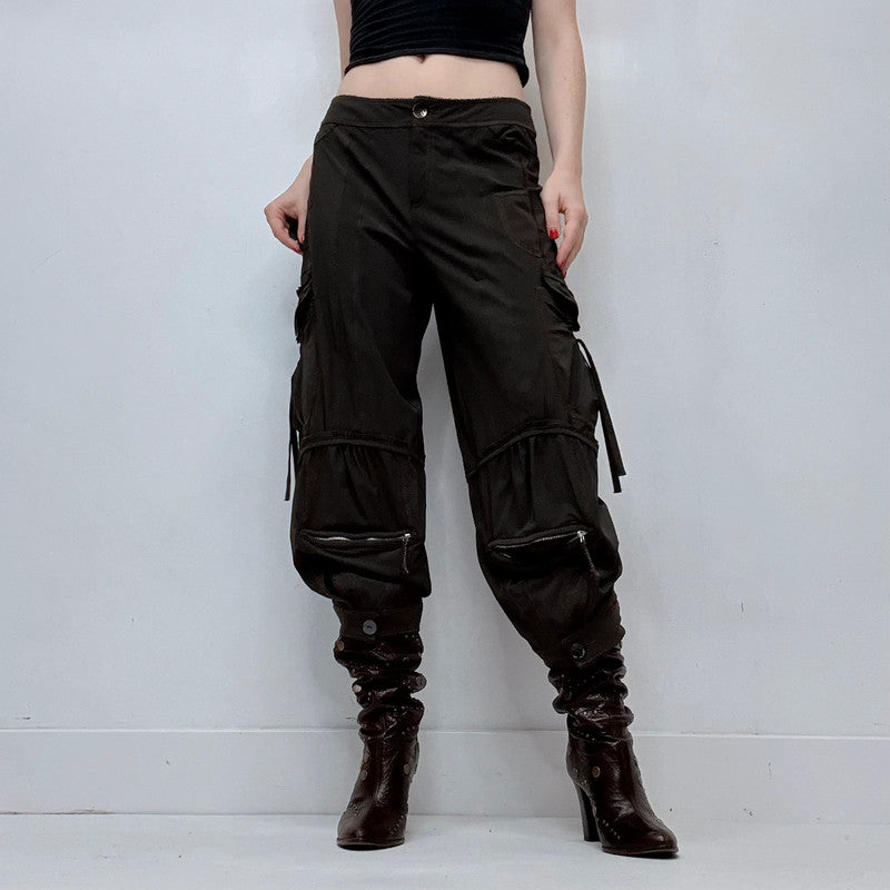 gathered pleated brown low rise grunge utility trousers