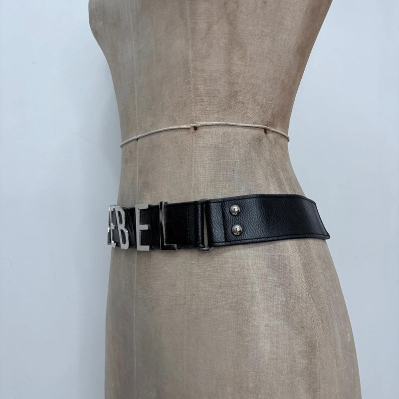 black faux leather silver spellout belt