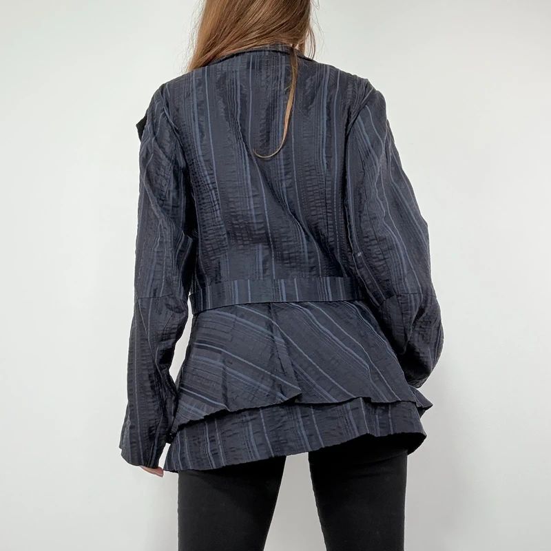 Navy Pinstripe Asymmetric Ruffle Jacket