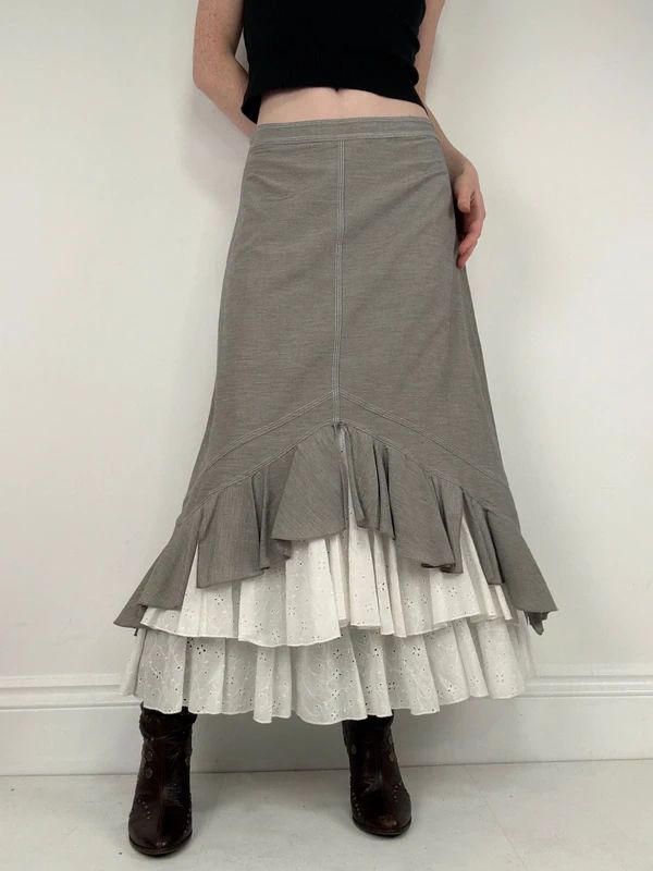 Pleated flared layered ruffle maxi skirt