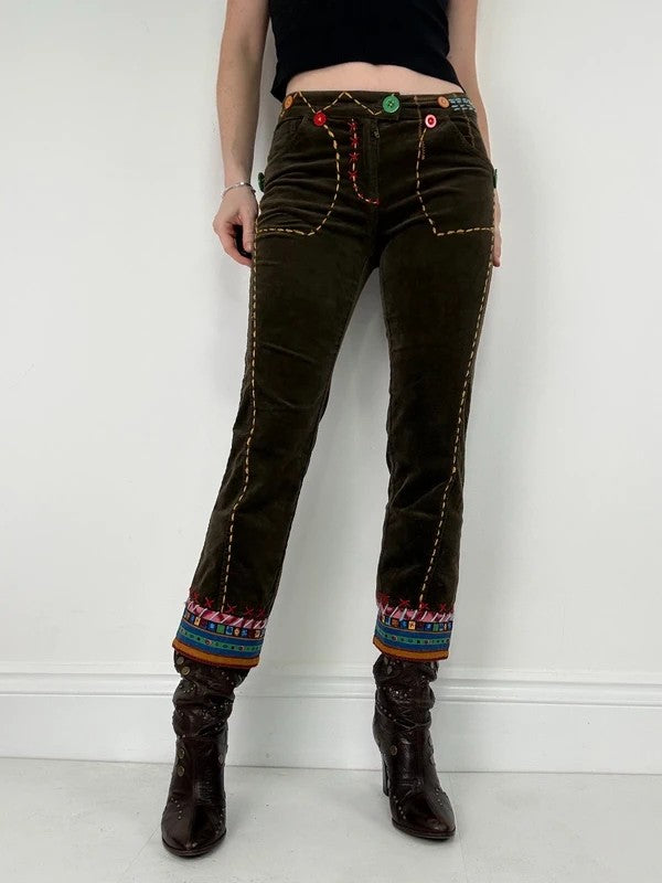 khaki corduroy embroidered hippy capri trousers
