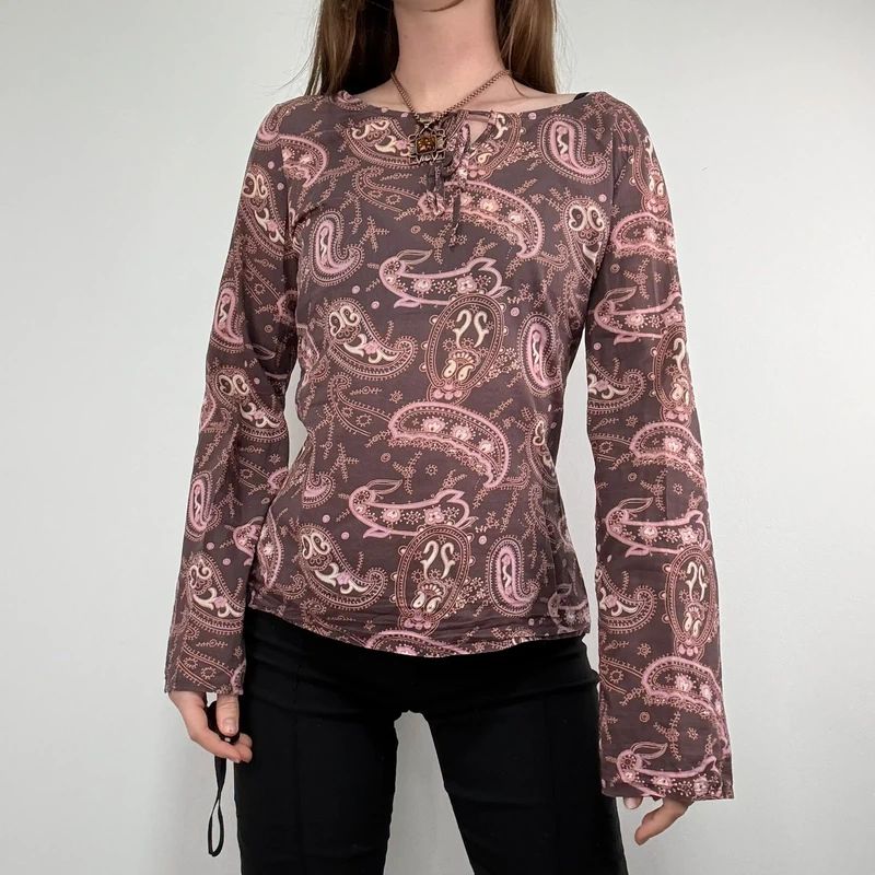 brown and pink paisley flared cotton boho shirt