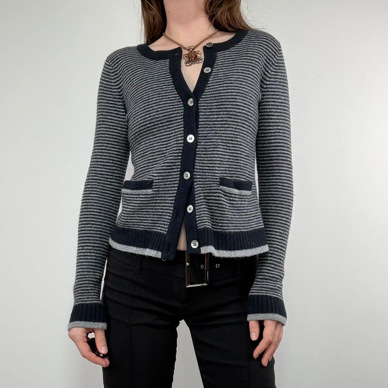 navy pinstripe button up cardigan crewneck
