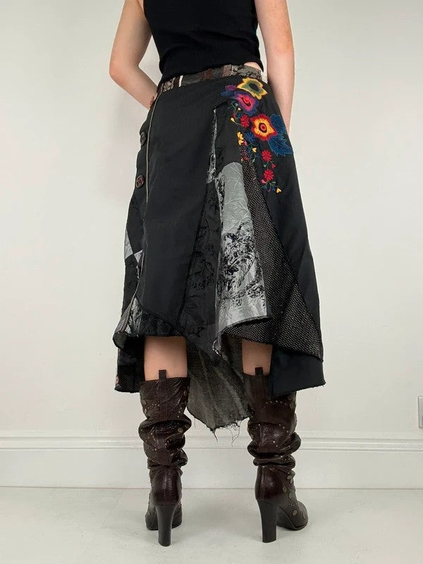 Patchwork embroidered asymmetric skirt