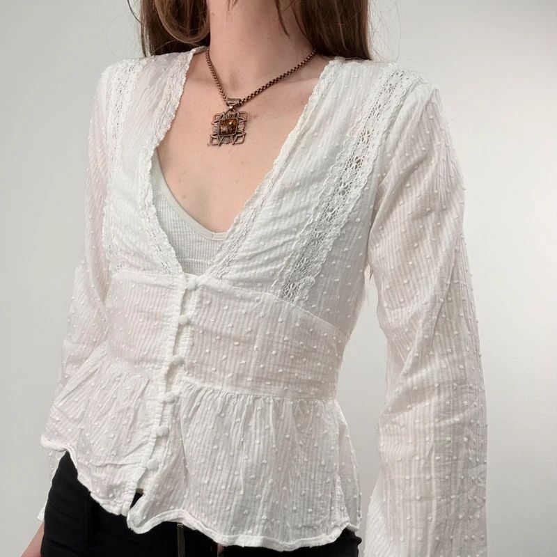 white cotton flared embroidered lace blouse