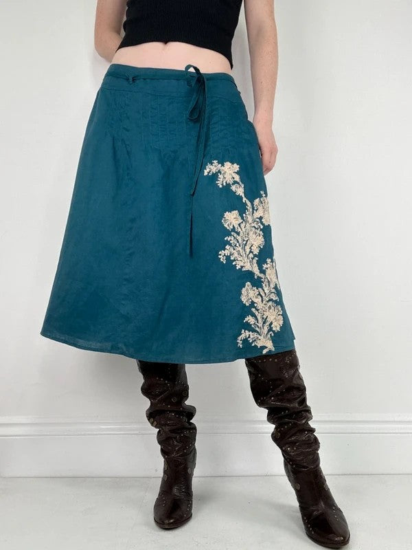 blue linen embroidered wrap lace midi skirt
