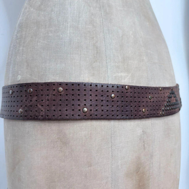 brown leather studded metal belt