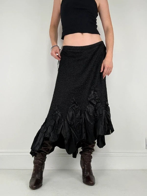Black crinkle pleated cinched ruffle maxi skirt