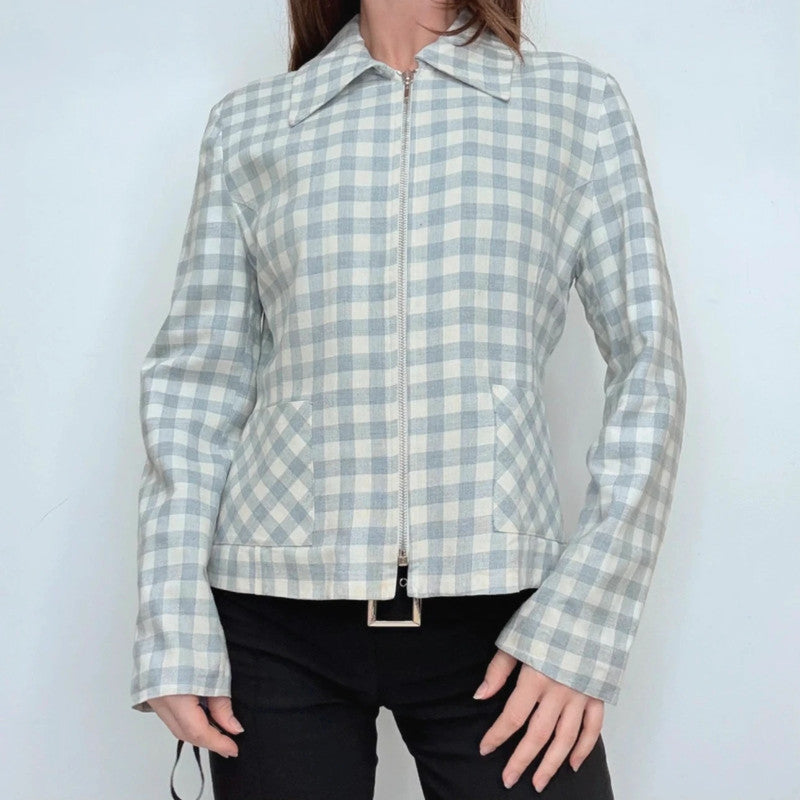 boxy blue and white gingham cropped linen zip-up jacket