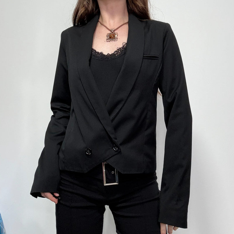 cropped black pinstripe asymmetric jacket