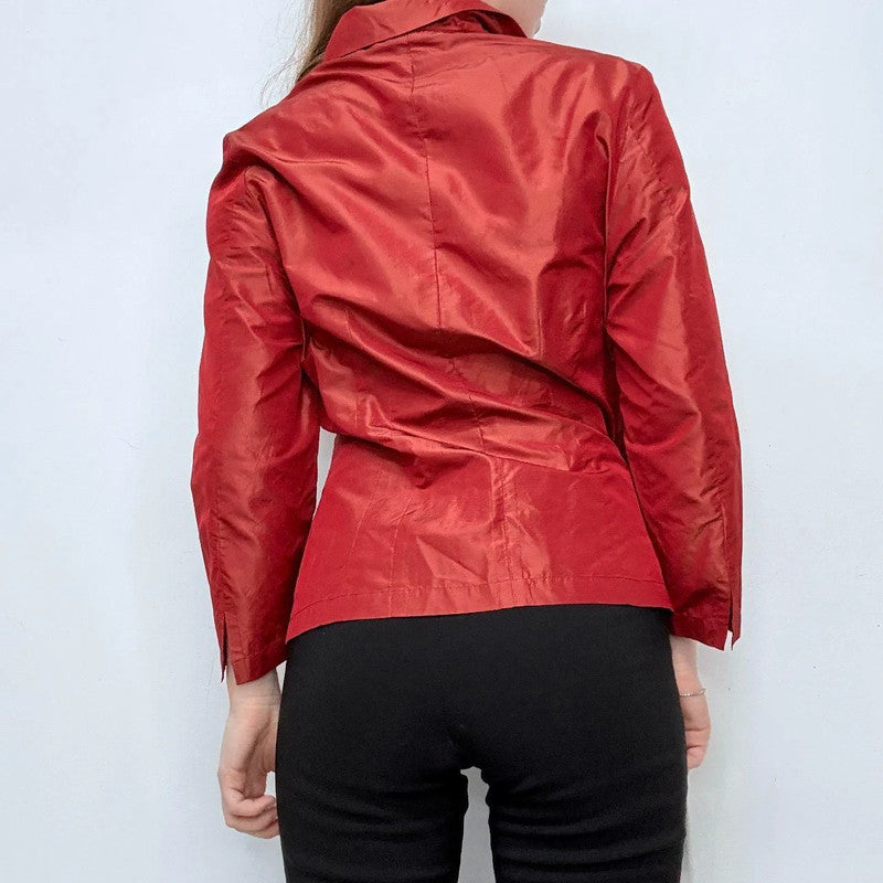 red flared silk shirt