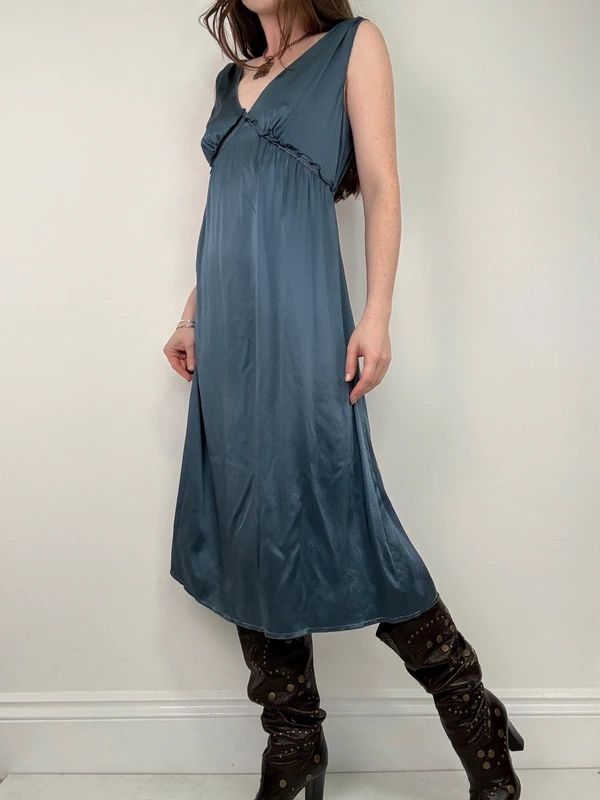 blue silk gathered floaty bias cut midi dress