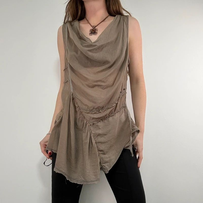 khaki brown draped slouchy asymmetric vest