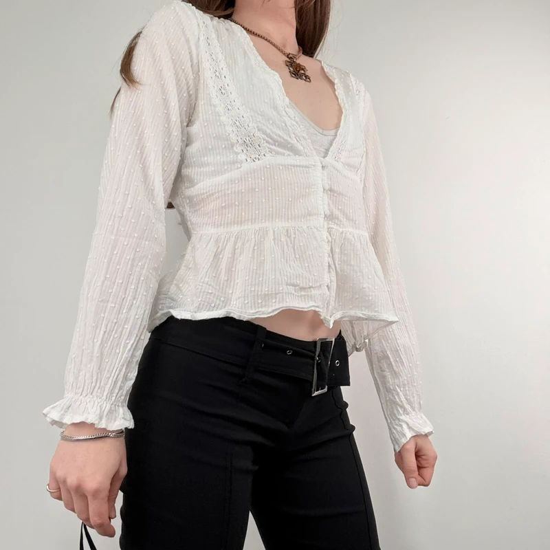 white cotton flared embroidered lace blouse
