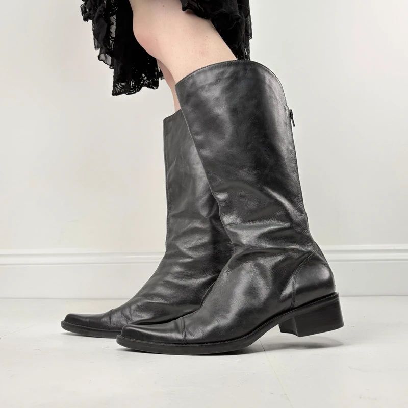 black leather pointed toe leather boots