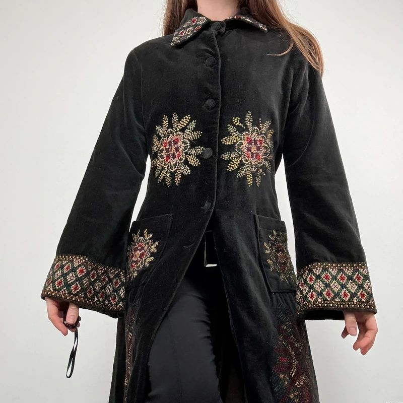 embroidered black velvet longline jacket