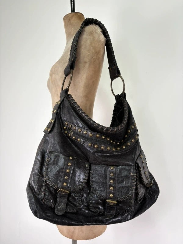 Black studded stitched slouchy shoulder bag