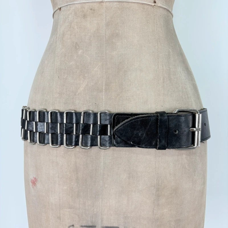 Black leather chunky metal belt