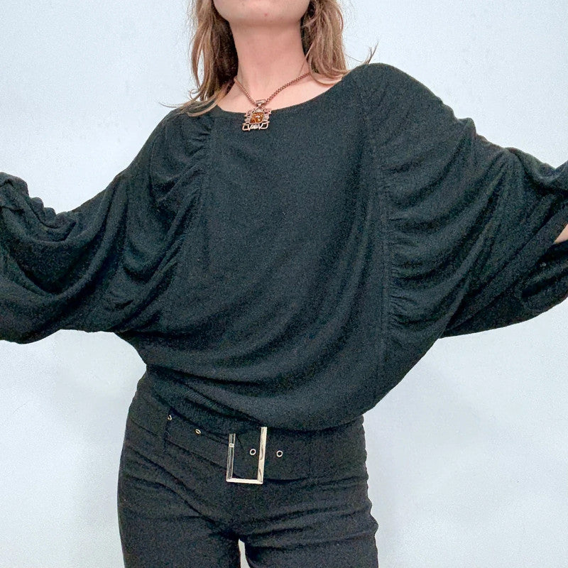 black knit gathered draped batwing jumper