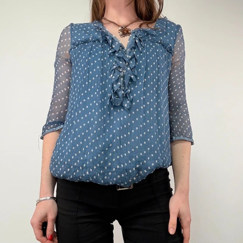 Blue Polka Dot Sheer Silk flutter Blouse