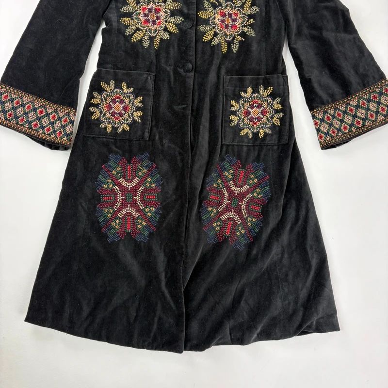 embroidered black velvet longline jacket