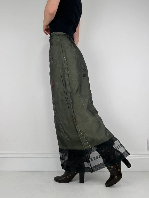 Green embroidered layered a-line maxi skirt