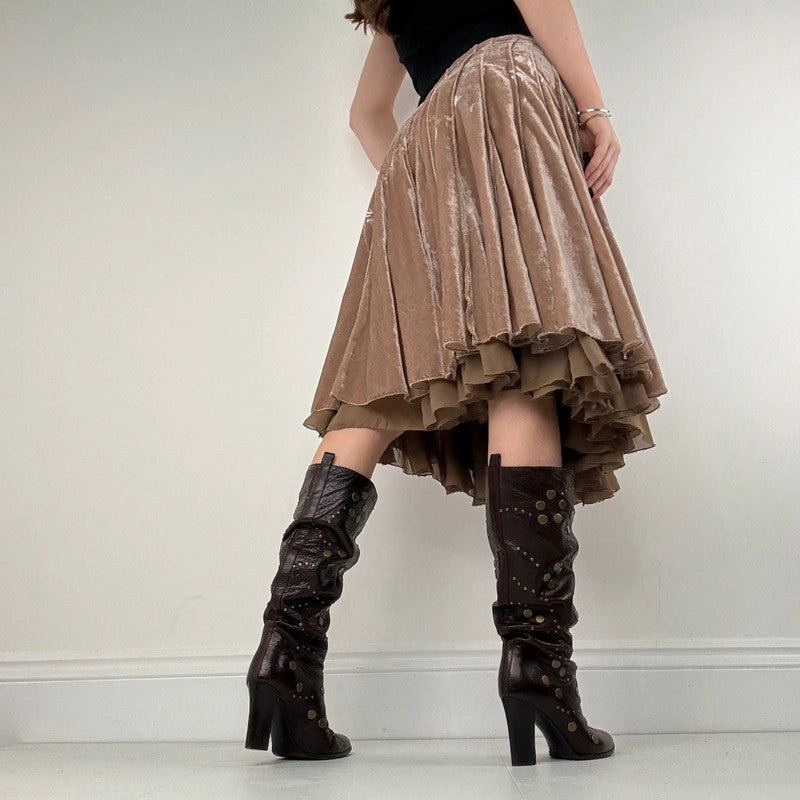 Brown pleated flared layered midi skirt