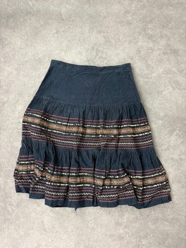 boho cord flared embroidered tiered sequin midi skirt