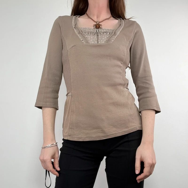 khaki cotton 3/4 length sleeve t-shirt