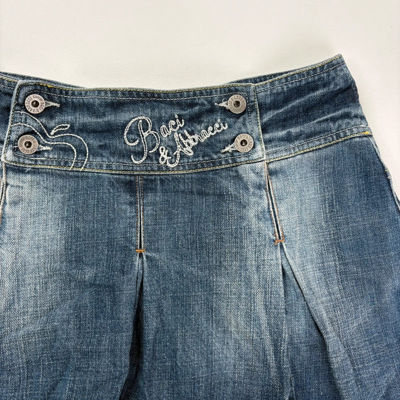pleated flared distressed embroidered denim mini skirt