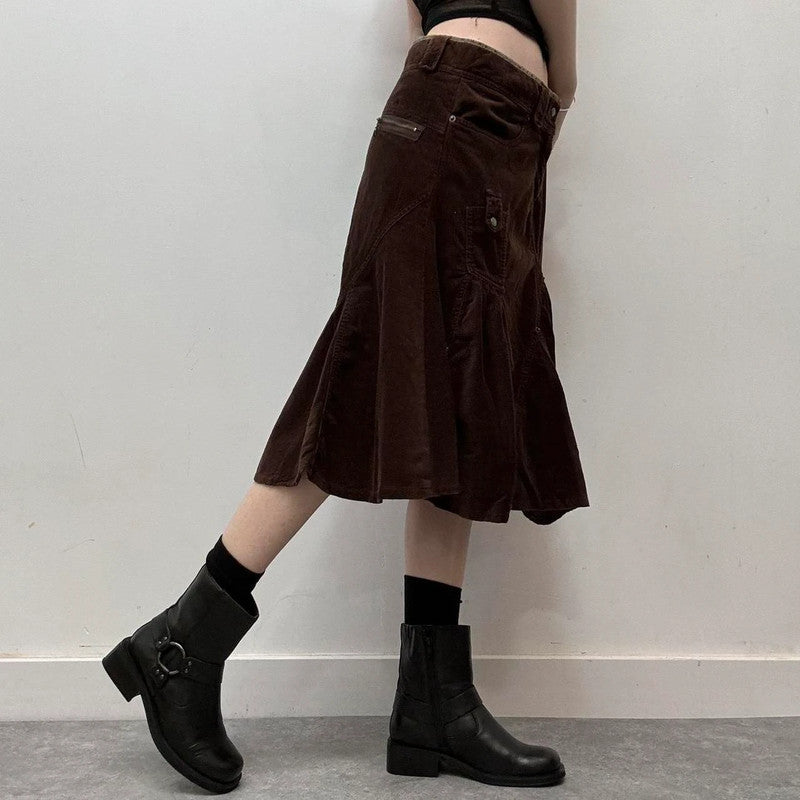 brown cord cargo midi skirt