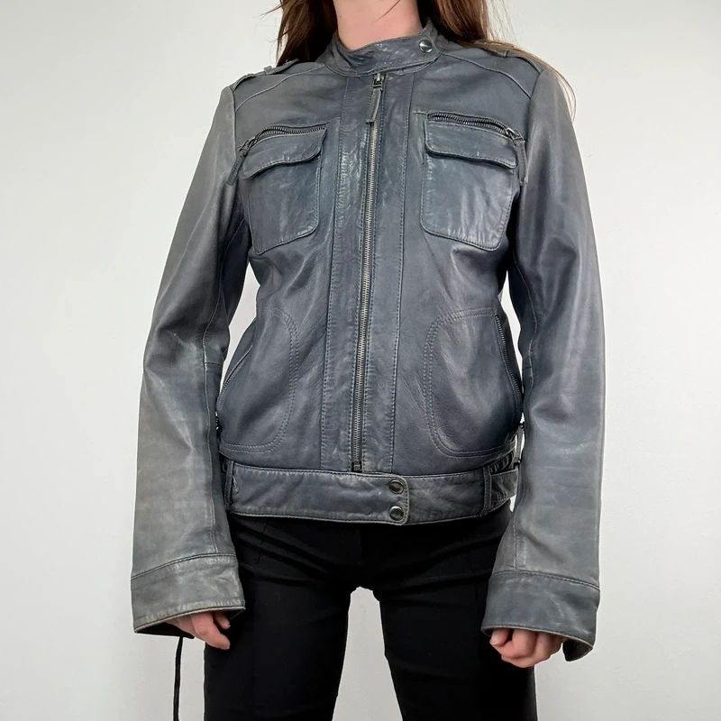 distressed leather boxy biker jacket