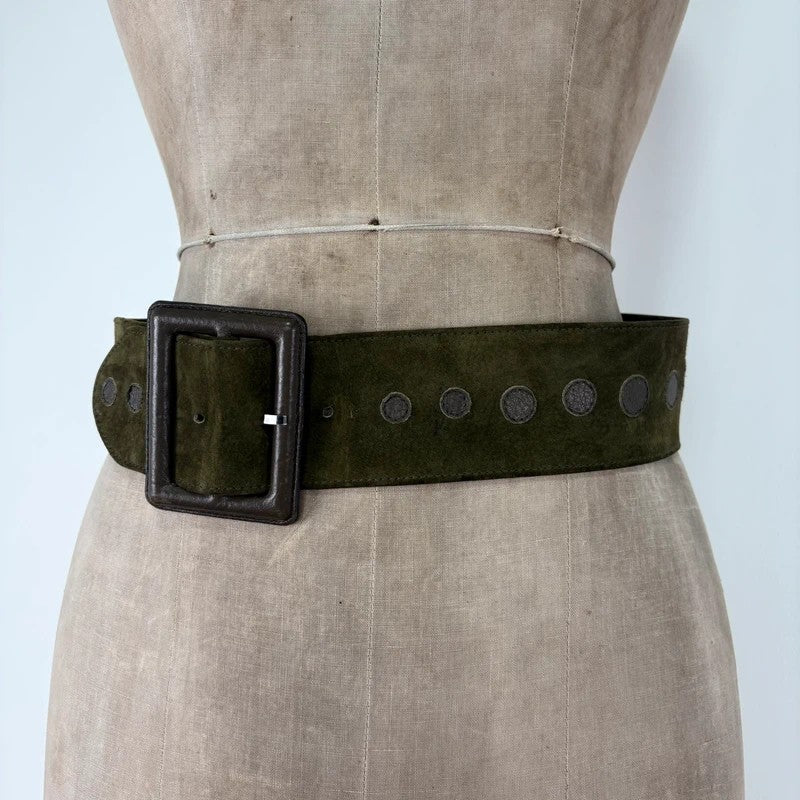Khaki suede thick leather belt